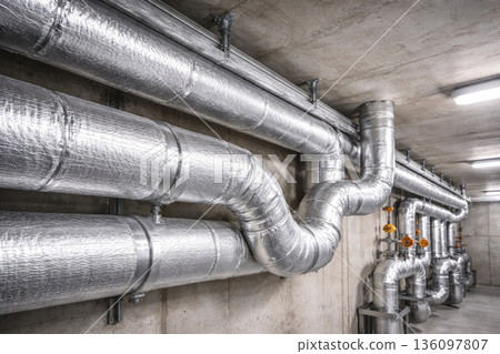 Industrial Ventilation Pipes and Duct System in Basement 136097807
