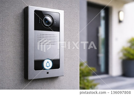 Modern Video Doorbell Camera Installed at Home Entrance 136097808
