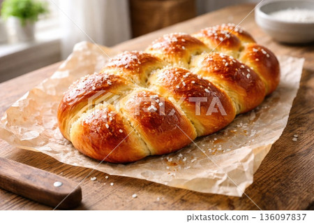 Fresh Homemade Braided Sweet Bread Loaf on Wooden Table 136097837