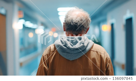 Elderly man walking alone down a hospital corridor, rear view, healthcare and aging concept Elderly man walking alone down a hospital corridor, rear view, healthcare and aging concept 136097845