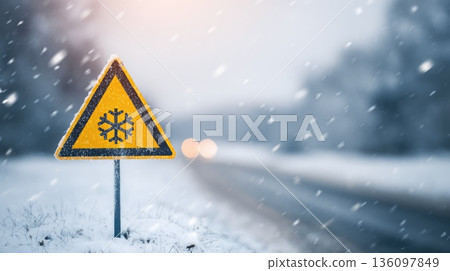 Winter road warning sign with snowflake symbol during snowfall 136097849