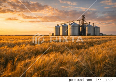 Grain Silos at Golden Wheat Field During Sunset 136097882
