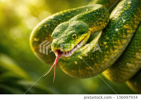 Green Snake Close-Up with Open Mouth and Tongue Out in Jungle Green Snake Close-Up with Open Mouth and Tongue Out in Jungle 136097934