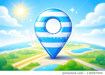 Map Pin Icon Over Landscape Map with Roads and Water 136097944