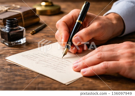 Hand Writing Letter with Fountain Pen on Vintage Wooden Desk Hand Writing Letter with Fountain Pen on Vintage Wooden Desk 136097949