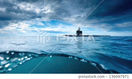 Military Submarine Sailing on Ocean Surface Under Dramatic Cloudy Sky 136097971