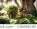 A garden scene features small lanterns and clover plants, celebrating St. Patrick's Day. Soft sunlight highlights the decorations, creating a warm holiday atmosphere for gathering 136098189