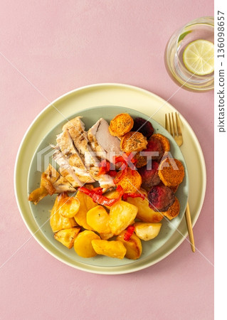 A plate holds baked potato, sliced baked chicken breast, and roasted vegetables like carrots, peppers, and beets. A drink sits nearby with a slice of lime A plate holds baked potato, sliced baked chicken breast, and roasted vegetables like carrots, peppers, and beets. A drink sits nearby with a slice of lime 136098657