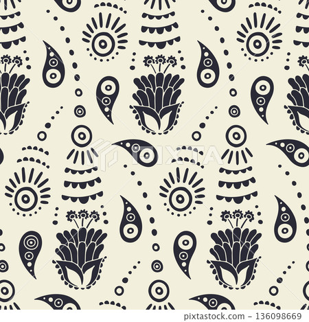 Hand drawn black and cream intricate Paisley silhouette seamless pattern on bright background 136098669
