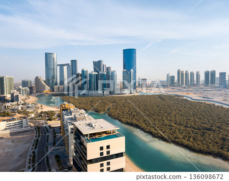 High Angle View of Reem Island Skyline in Abu Dhabi United Arab Emirates 136098672