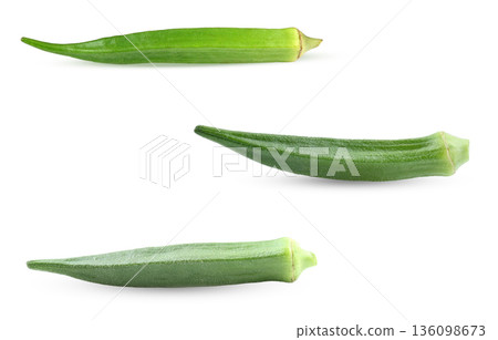 Freshly harvested green okra for healthy lifestyle, vegan and plant-based nutrition on white background. Freshly harvested green okra for healthy lifestyle, vegan and plant-based nutrition on white background. 136098673