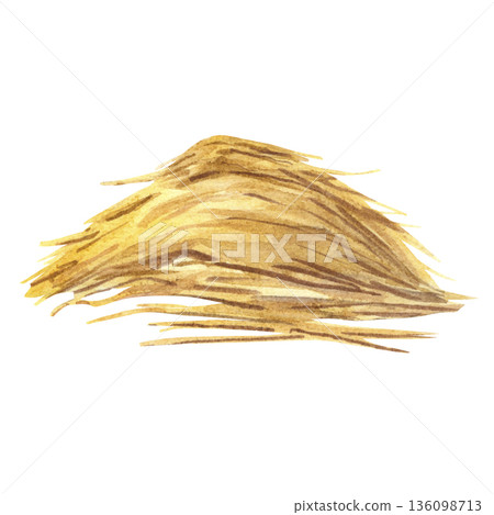 Haystack with dry straw. Watercolor illustration of element on white background. Animal feed. Harvesting on the farm. The ranch. Ideal for rural scene, poster, book, packaging, nursery decor, design. Haystack with dry straw. Watercolor illustration of element on white background. Animal feed. Harvesting on the farm. The ranch. Ideal for rural scene, poster, book, packaging, nursery decor, design. 136098713