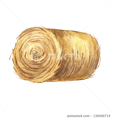 Hay bale with rolled straw with dry straw. Watercolor illustration of element on white background. Animal feed. Harvest on the farm. The ranch. Ideal for rural scene, poster, nursery decor, design. Hay bale with rolled straw with dry straw. Watercolor illustration of element on white background. Animal feed. Harvest on the farm. The ranch. Ideal for rural scene, poster, nursery decor, design. 136098714