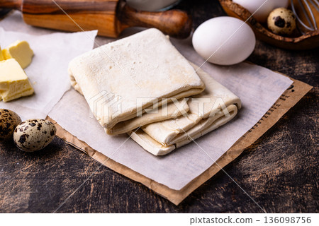 Raw puff pastry dough with baking ingredient Raw puff pastry dough with baking ingredient 136098756