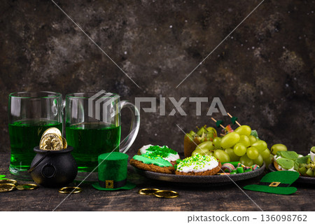 St. Patricks Day party food, green beer and shamrock St. Patricks Day party food, green beer and shamrock 136098762
