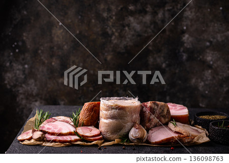 Different meat, sausages, ham and smoked pork Different meat, sausages, ham and smoked pork 136098763
