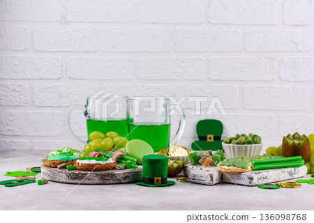 St. Patricks Day party food, green beer and shamrock 136098768