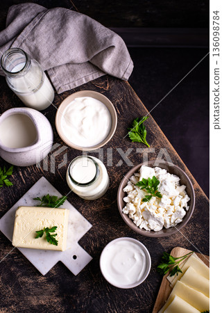 Dairy products. Milk, cottage cheese, cream, butter and yogurt Dairy products. Milk, cottage cheese, cream, butter and yogurt 136098784