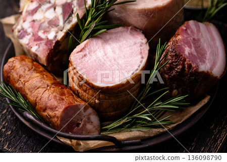 Different meat, sausages, ham and smoked pork Different meat, sausages, ham and smoked pork 136098790