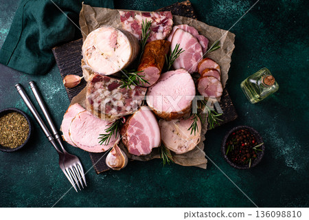 Different meat, sausages, ham and smoked pork Different meat, sausages, ham and smoked pork 136098810