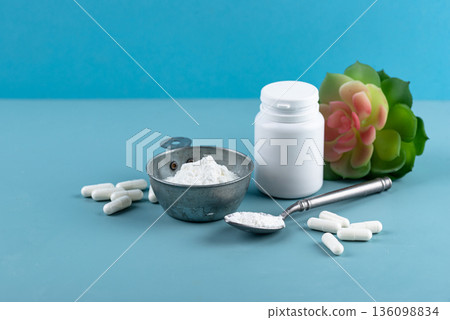 Collagen powder and pills. Healthy supplement Collagen powder and pills. Healthy supplement 136098834