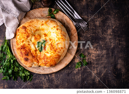Khachapuri with cheese, Georgian cuisine Khachapuri with cheese, Georgian cuisine 136098871