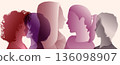 Multicultural female silhouettes in profile representing identity connection and diversity 136098907