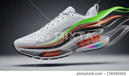 Running shoe cutaway revealing internal technology. Athletic footwear design with cushioning and support. Modern sneaker construction for sport. 136098908