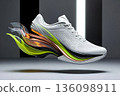 Running shoe cutaway revealing internal technology. Athletic footwear design with cushioning and support. Modern sneaker construction for sport. 136098911