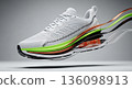 Running shoe cutaway revealing internal technology. Athletic footwear design with cushioning and support. Modern sneaker construction for sport. 136098913