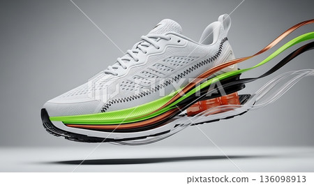 Running shoe cutaway revealing internal technology. Athletic footwear design with cushioning and support. Modern sneaker construction for sport. 136098913
