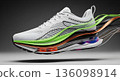 Running shoe cutaway revealing internal technology. Athletic footwear design with cushioning and support. Modern sneaker construction for sport. 136098914