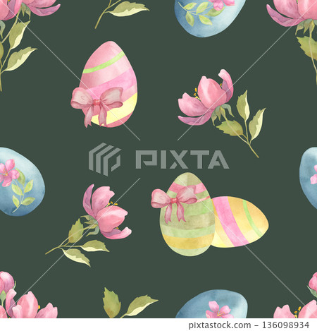 Watercolor Easter Pattern with Eggs, Flowers and Spring Branches on Green Watercolor Easter Pattern with Eggs, Flowers and Spring Branches on Green 136098934