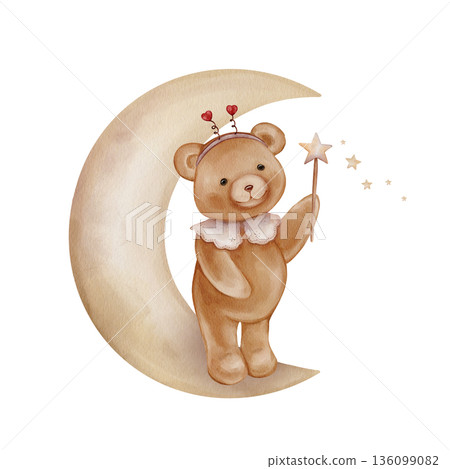 Teddy bear on moon in heart-shaped horns Holding magic wand with star. Hand drawn watercolor illustration for Children design with. Design for kid's goods, baby shower and children's Teddy bear on moon in heart-shaped horns Holding magic wand with star. Hand drawn watercolor illustration for Children design with. Design for kid's goods, baby shower and children's 136099082
