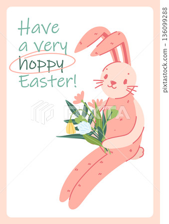 Pink Easter bunny with a bouquet of wildflowers in a frame on white, have a very hoppy easter Pink Easter bunny with a bouquet of wildflowers in a frame on white, have a very hoppy easter 136099288