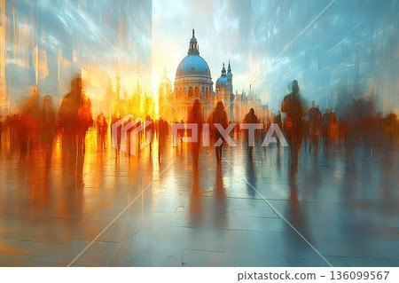Blurred Figures Strolling in Venice with Basilica di Santa Maria 136099567