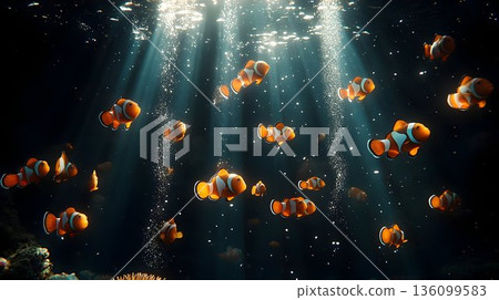 Underwater Scene: Numerous Clownfish Swimming in Sunlit, Bubblin 136099583