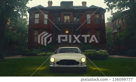 Classic Car Gleaming Before a Grand Brick Mansion on a Cloudy Da 136099777