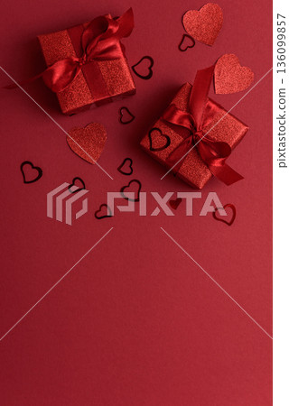 Red Glitter Gift Boxes and Hearts on Festive Background for Valentines Day Celebration Red Glitter Gift Boxes and Hearts on Festive Background for Valentines Day Celebration 136099857
