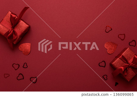 Red Glitter Gift Boxes and Hearts on Festive Background for Valentines Day Celebration Red Glitter Gift Boxes and Hearts on Festive Background for Valentines Day Celebration 136099865