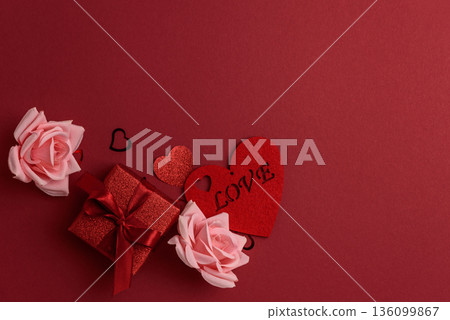 Valentines Day Flatlay with Hearts, Roses and Gifts on Red Background Valentines Day Flatlay with Hearts, Roses and Gifts on Red Background 136099867