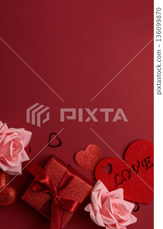 Valentines Day Flatlay with Hearts, Roses and Gifts on Red Background Valentines Day Flatlay with Hearts, Roses and Gifts on Red Background 136099870
