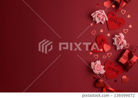 Valentines Day Flatlay with Hearts, Roses and Gifts on Red Background Valentines Day Flatlay with Hearts, Roses and Gifts on Red Background 136099872