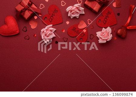 Valentines Day Flatlay with Hearts, Roses and Gifts on Red Background Valentines Day Flatlay with Hearts, Roses and Gifts on Red Background 136099874