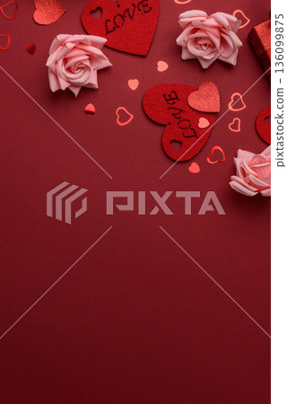 Valentines Day Flatlay with Hearts, Roses and Gifts on Red Background Valentines Day Flatlay with Hearts, Roses and Gifts on Red Background 136099875