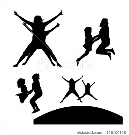 A set of silhouettes of happy and jumping people. Mother and daughter. Hand drawn. Not AI, vector illustration. A set of silhouettes of happy and jumping people. Mother and daughter. Hand drawn. Not AI, vector illustration. 136100138