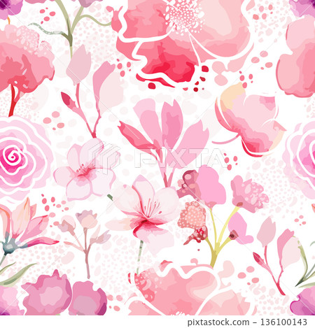 Delicate seamless background with pink watercolor flowers. Hand drawn. Not AI, vector illustration 136100143