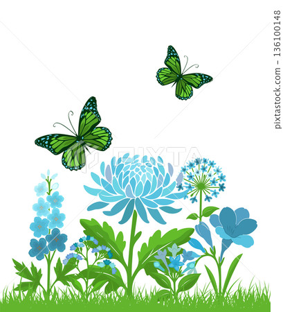 Blue flowers and green butterflies . Hand drawn. Not AI, vector illustration. 136100148