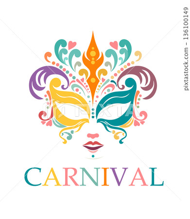 Carnival mask. Festive background. Hand drawn. Not AI, vector illustration 136100149