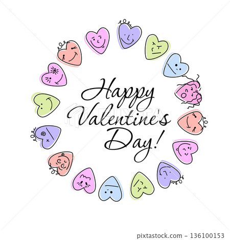 Happy Valentine's Day Round frame. Groovy character lovely hearts. Love concept. Hand drawn. Not AI, vector illustration. 136100153